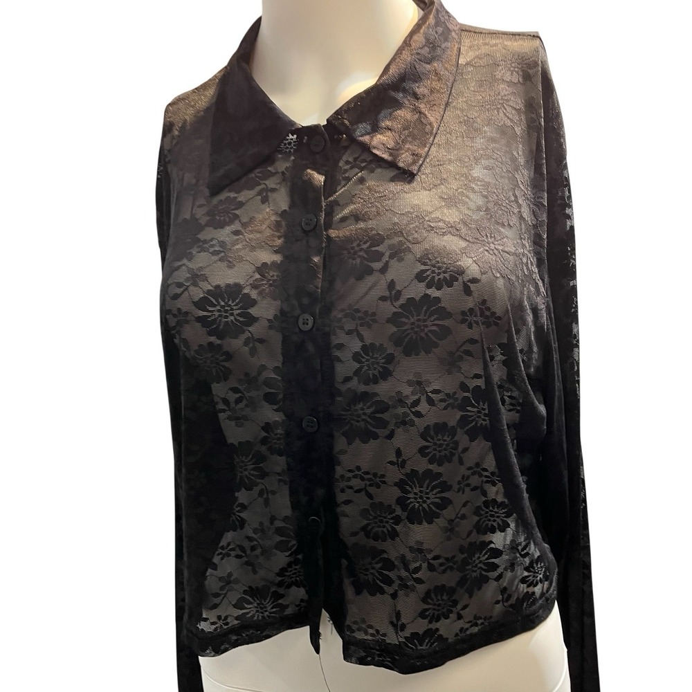 Daisy Top Sheer Black Floral Mesh Cropped 1X Whimsigoth Fairy Grunge Vamp Witchy